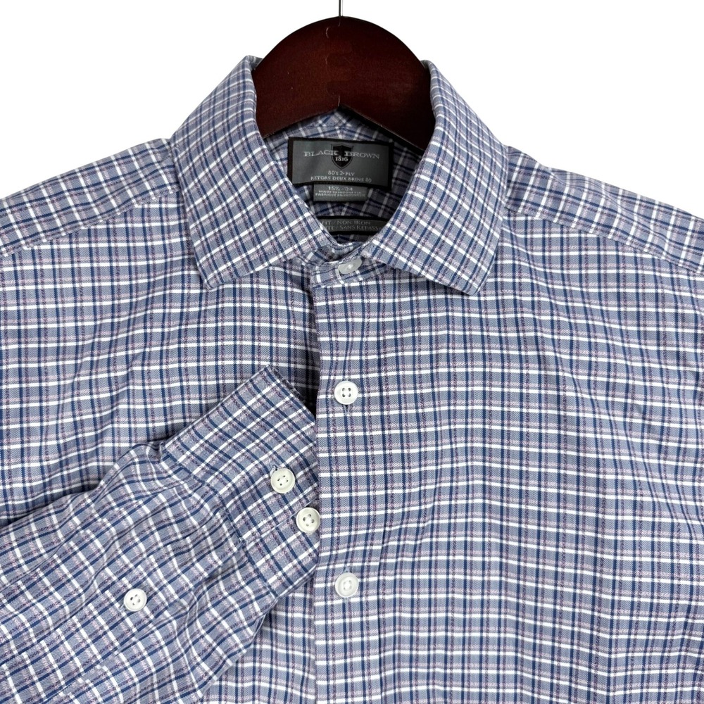Black Brown 1826 Mens Blue Plaid Slim Fit Non Iron Egyptian Cotton Shirt 15.5 34